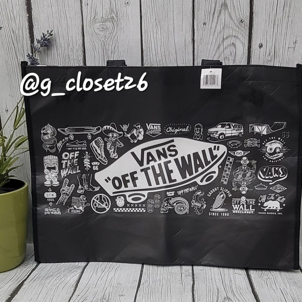 Vans Off The Wall Reusable Shopping Bag Beach Tote Black White Checkered Sides